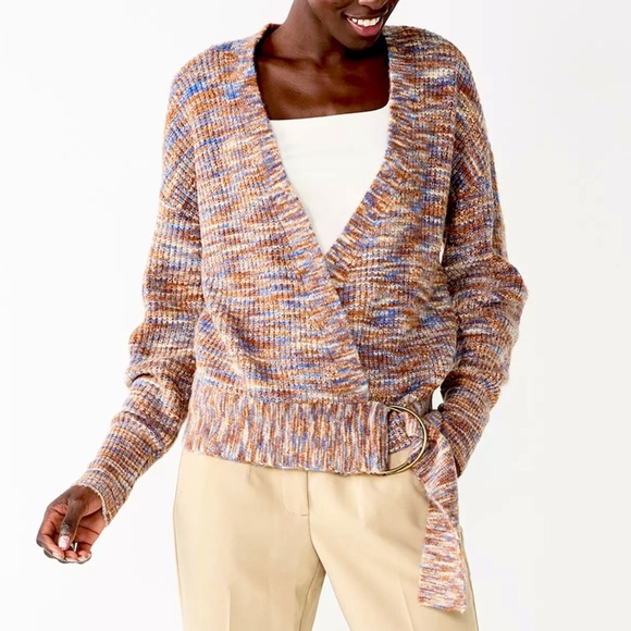 NINE WEST Oversized Wrap Sweater Small Belted Knit Coastal Boho Chic Eclectic - Picture 3 of 16